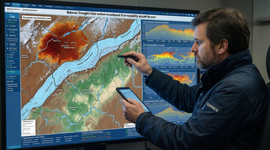 Погода и ее последствия: прогноз, паводки/засуха, влияние на дороги и поля - иллюстрация